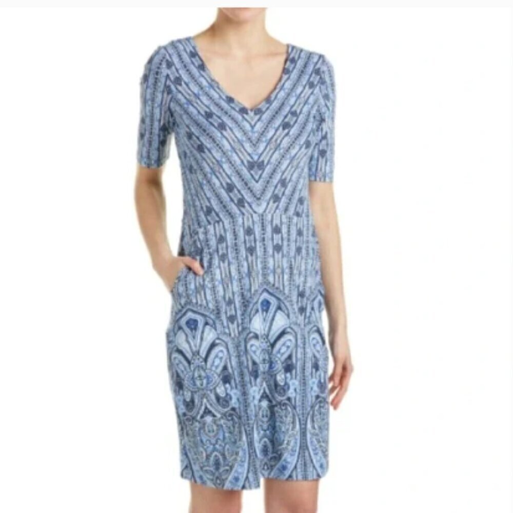 J. McLaughlin Catalina Cloth V-Neck Dress Mosaic Tile Print Pockets
